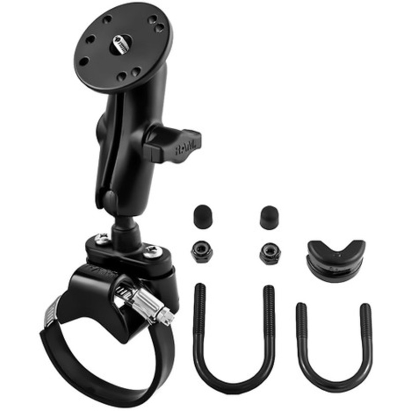 RAM Strap Clamp Roll Bar Mount w/ Standard Length Double Socket Arm & 2.5 Round Base w/ 1/4-20 Male Threaded Post