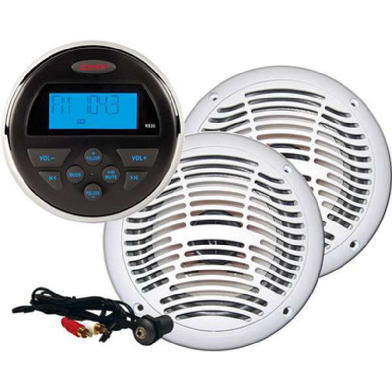 Jensen CPM100 AM/FM/USB Stereo Package w/MS30 Stereo, AMS602W White Speakers & JPORT Cable