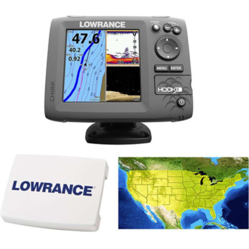 Lowrance 000-12656-002 HOOK-5 Combo w/ 83/200/455/800 HDI Transom Mount Transducer, Cover, and Lake Insight Chart