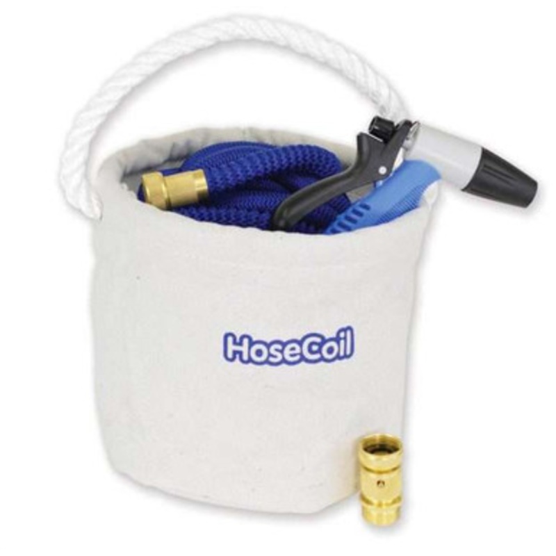 HoseCoil Canvas Bucket Kit with 75 ft. Expandable Hose, Rubber Tip Nozzle, & Quick Release