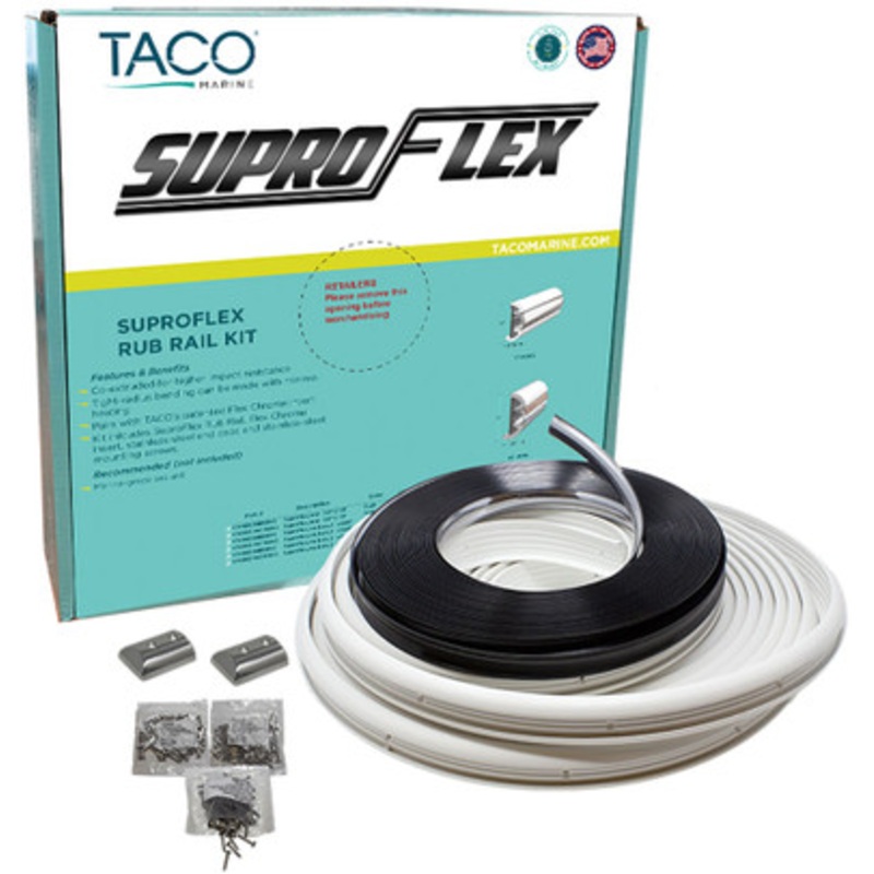 Taco SuproFlex Rub Rail Kit – White w/ Flex Chrome Insert – 1.6 in. x .78 in. x 60 ft.