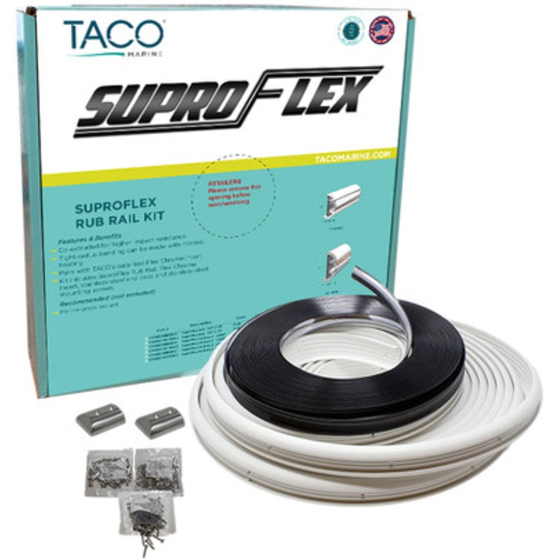 Taco SuproFlex Rub Rail Kit – White w/ Flex Chrome Insert – 2 in. x 1.2 in. x 80 ft.